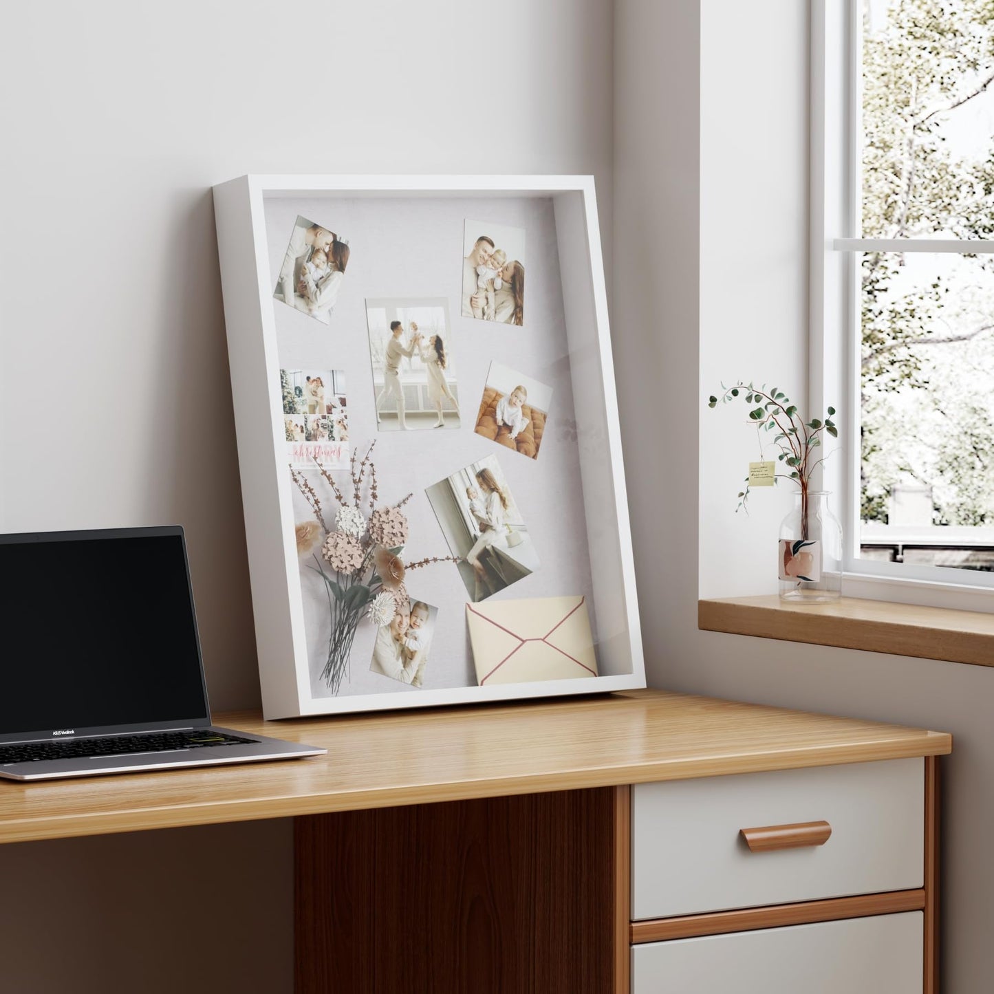 Muzilife 16x20 Shadow Box Frame in White with MDF Wood Frame and Soft Linen Back, Large Shadow Box Display Case for Memorabilia, Photos, Flowers for Wall or Tabletop Display with 8 pins