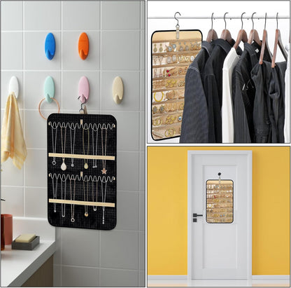 Double Sided Hanging Jewelry Organizer, 32/48 Pockets, 14/21 Hook Loops, Foldable Travel Jewelry Roll Organizer for