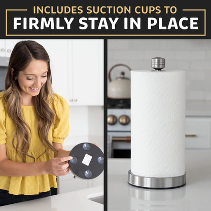 Heavy-Duty Stainless Steel Paper Towel Holder - Easy One-Handed Tear with Suction Cups - Modern Weighted Standing Countertop Dispenser for Kitchen - Holds All Paper Towel Rolls, Silver
