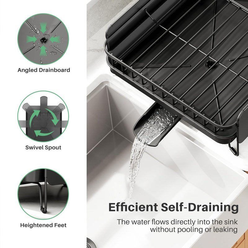 SNTD Large Dish Drying Rack - Expandable (19.3" to 29.4") Dish Rack for Kitchen Counter, Stainless Steel Dish Drainer with Utensil Holder, Pan Holder & Pot Lid Holder (Black)