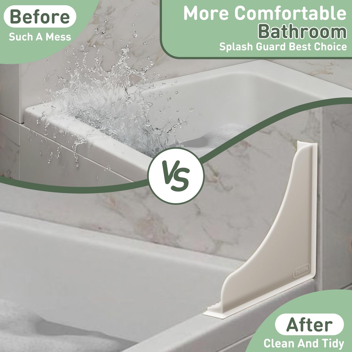 Roslim Shower Corner Splash Guard, 2 Pack No-Adhesive Silicone Bathtub Splash Guards with Suction Cups, Reusable Water Blocker for Tub & Walk-in Shower Corners, Keeps Floor Drier, White