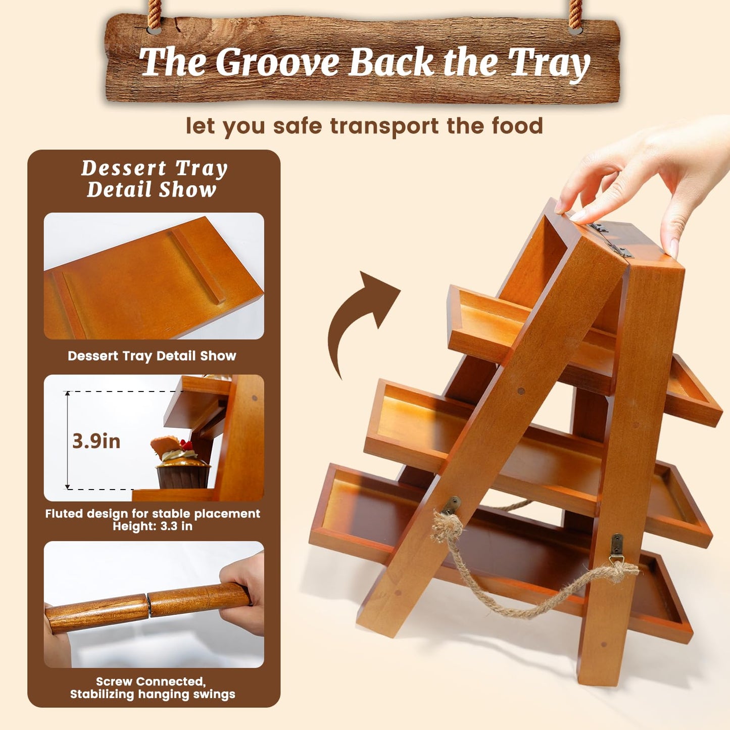 Tnstbiee 3 Tier Cupcake Stand - Wooden Display Stand for Desserts, Fruits, Nuts, Cheese - Removable Trays and Foldable Stand - Perfect for Parties and Events - Rustic and Unique Wooden Serving Tray