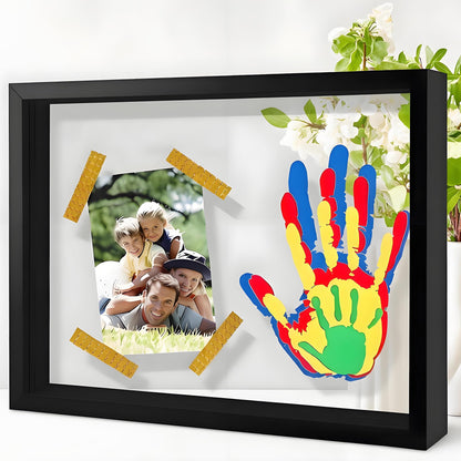 Family Handprint Keepsake Frame Kit with Photo Display – DIY 3D Floating Layered Design for Mom, Dad and Baby – Safe Non-Toxic Paint Set for Footprints – Perfect Baby Shower Gifts, New Parents Couples Keepsake, Home Decor 13.1x9.6 Inch (Black)