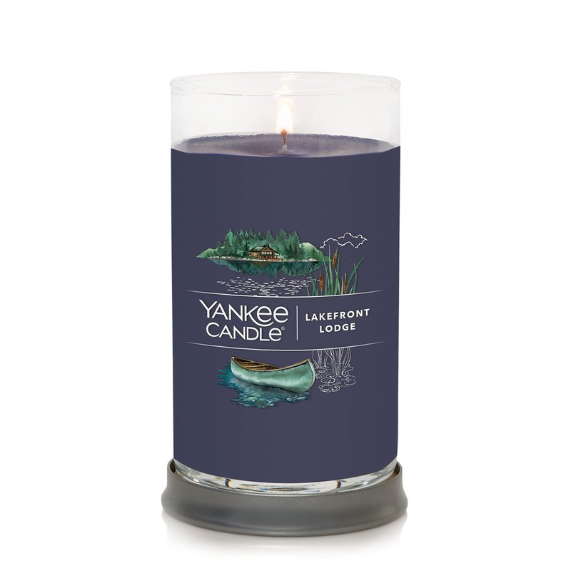 Yankee Candle Lakefront Lodge Signature Medium Pillar Candle - 14.25oz., Dark Blue - Soy Wax Blend, Metal Lid Coaster - Home & Kitchen Décor