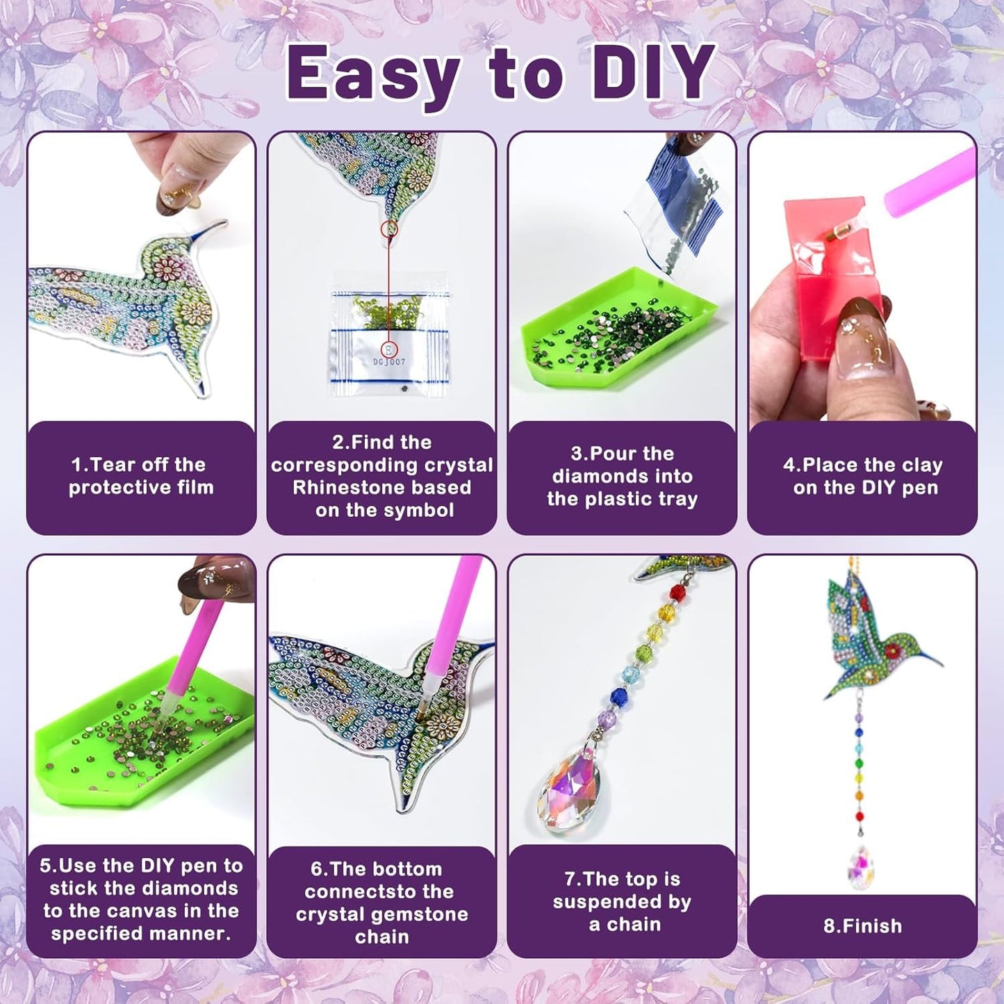 Arts and Crafts for Kids Ages 8-12, DIY Diamond Painting Kits Birthday Gifts for 6 7 8 9 10 11 12 Year Old Girls Boys, Butterfly, Sun Hummingbird, Suncatcher, Wind Chimes for Home Garden Decor