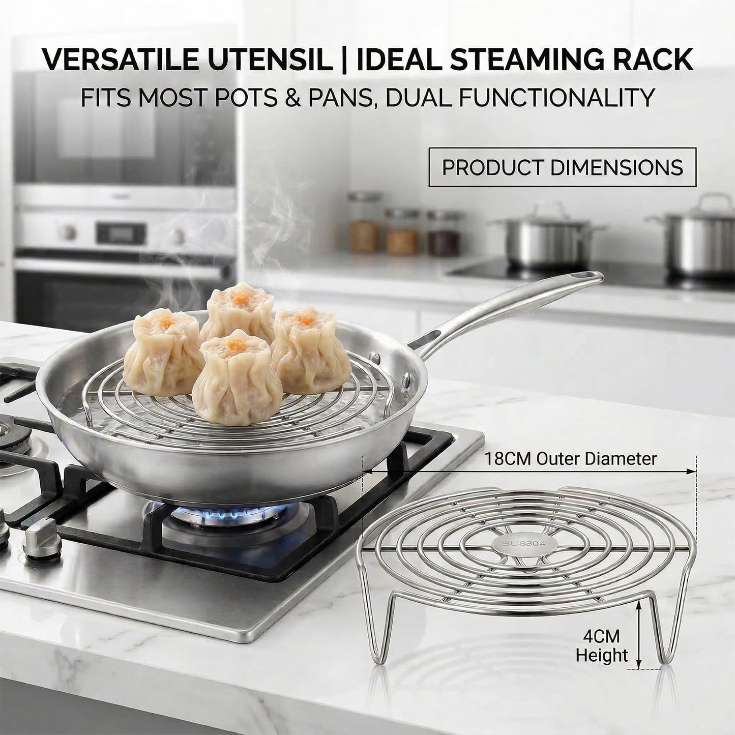 Round Steamer Rack 2 Pcs, 2.5mm Thick 304 Stainless Steel Cooking Trivet, 1.57 Inch High Legs Wire Stand for Air Fryer and Stockpot, Cooling Baking Roasting Insert (6.3 & 7.1 Inch)