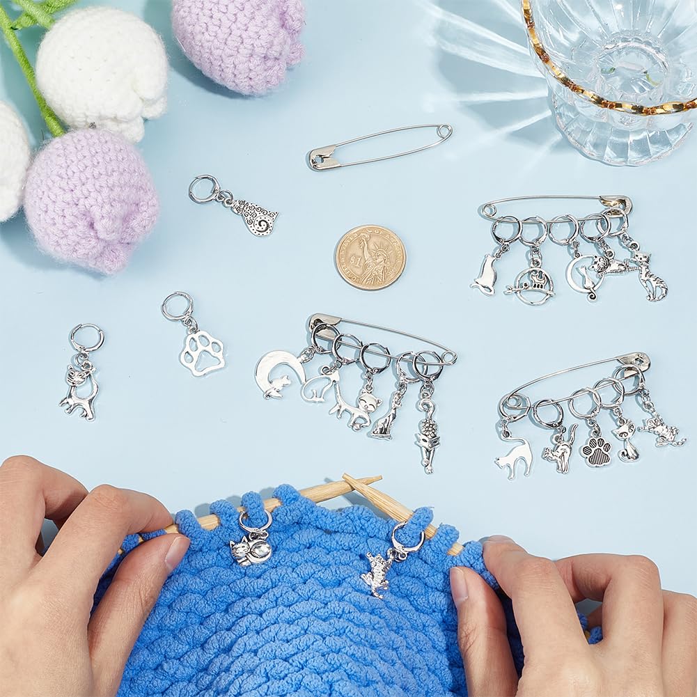 PH PandaHall 20 Styles Cat Stitch Markers with 4PCS Safety Pins Paw Print Moon Crochet Stitch Marker Charms Antique Silver Kitten Knitting Locking Marker for Weaving Quilting Sewing Jewelry Making