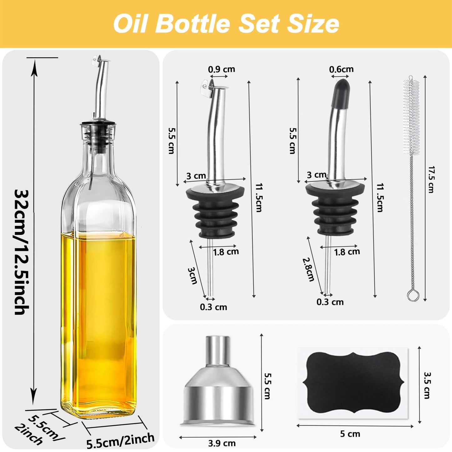 TFPOGOLD Olive Oil Dispenser Bottle - 500ml Glass Oil and Vinegar Bottles Set for Kitchen with 2 Stainless Steel Pourers, Funnel, Brush and 2 Labels, Kitchen Oil Bottles with Drip-Free Design