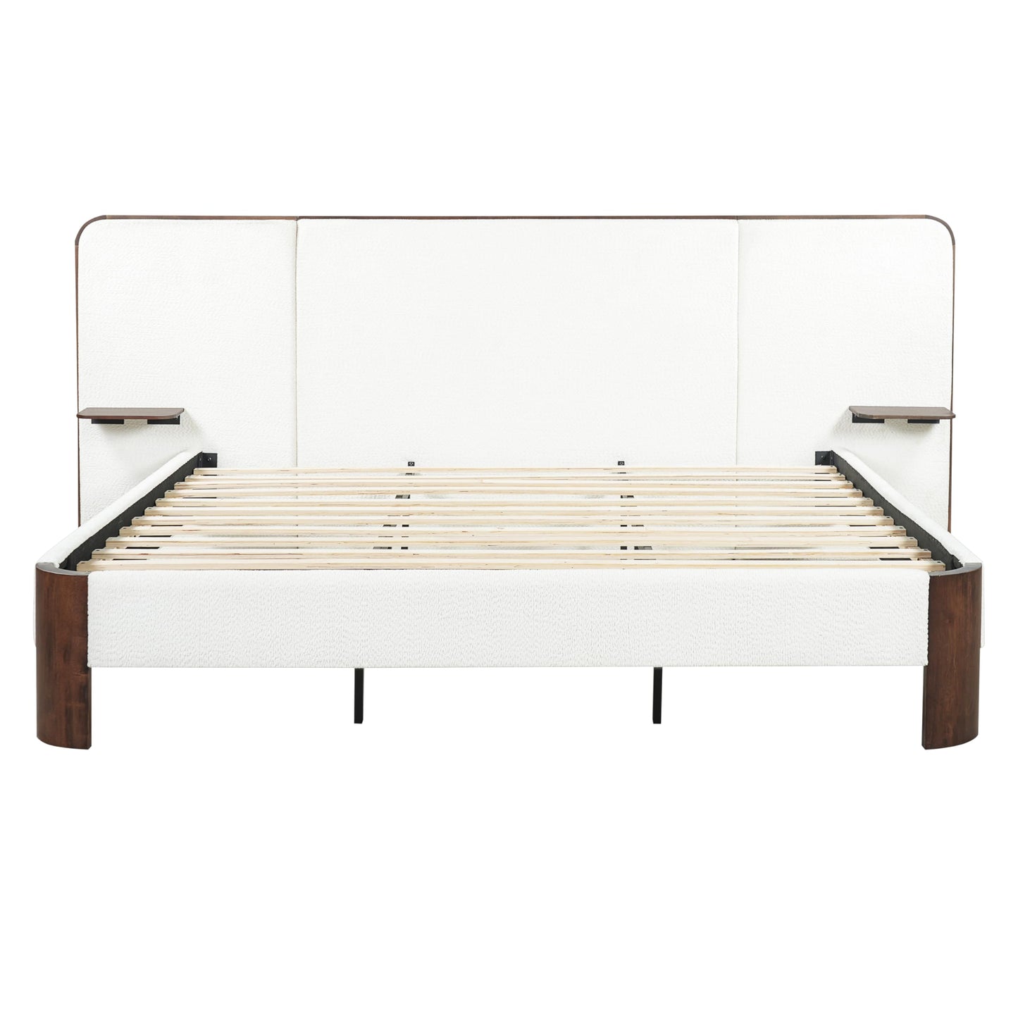 Merax King Size Upholstered Platform Bed Frame with Large Curved Headboard,Built-in Floating Shelves,Wood Slats and Metal Support for Bedroom,Noise-Free