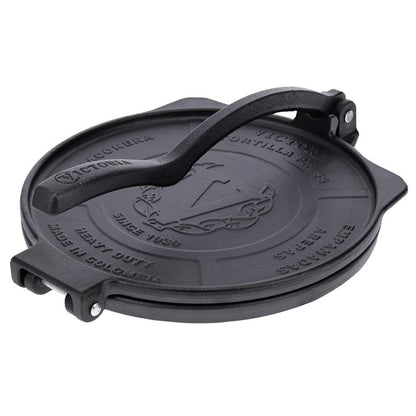 Victoria 10-Inch Cast Iron Tortilla Press HD Spherrous, Commercial-Grade Cast Iron Tortilla Maker, Roti Press, Pataconera Seasoned with Flaxseed Oil, Made in Colombia, Black