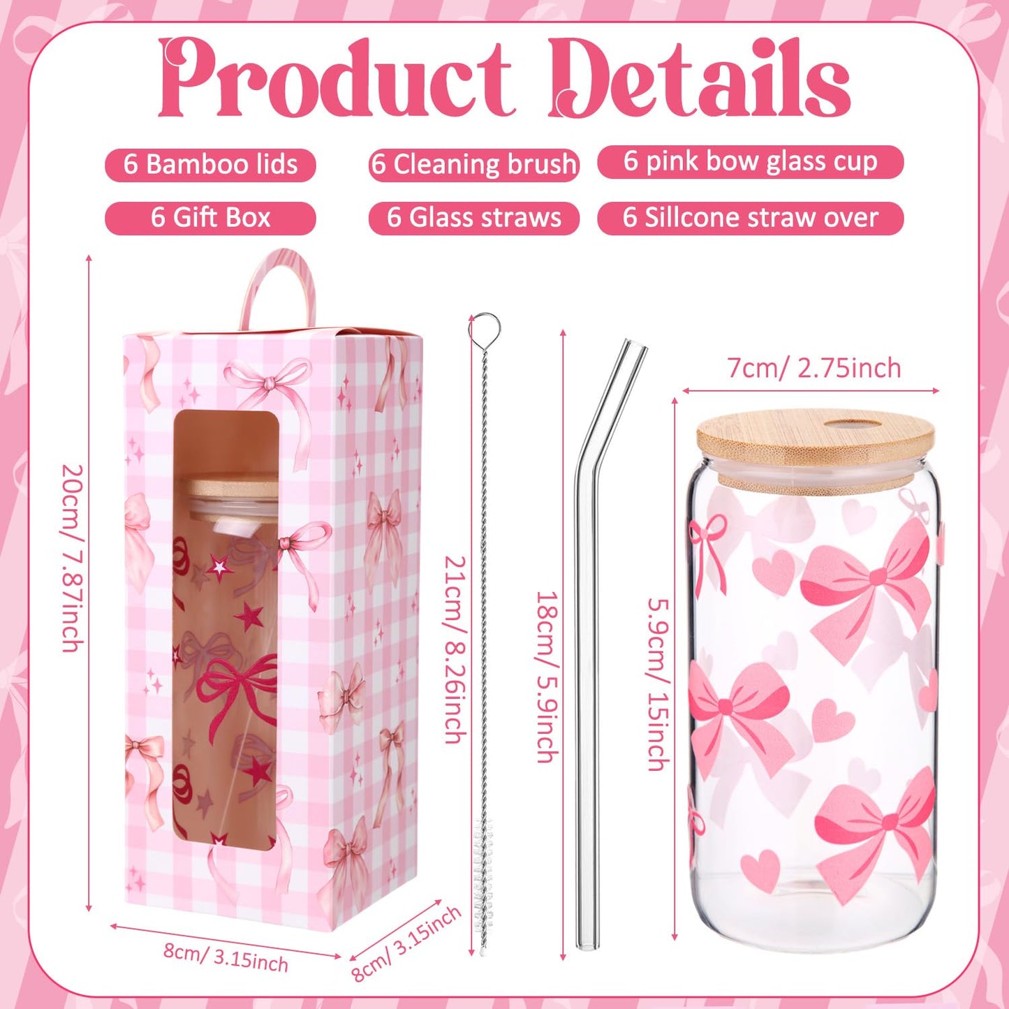 Zhehao 6 Set Cute Coquette Pink Bow Glass Cup Gift Set 16oz Aesthetic Iced Coffee Cup with Lids and Straws Toppers Brushes Gift Boxes Coquette Bow Party Favor Gifts for Girls Women Bridesmaid Mother