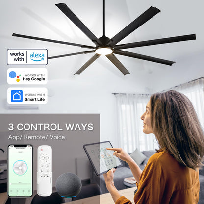 84 Inch Industrial Ceiling Fans with Light,Large Ceiling Fan with Modern 8 Aluminum Blades,Compatible with Alexa,Noiseless DC Motor,Black Outdoor Fan for Garage or Pool area