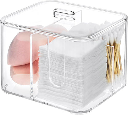 Qtip Holder - Clear Acrylic Cosmetic Items Storage Dispenser for Bathroom Vanity Countertop, 4 Compartments