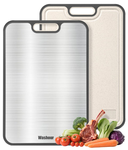Washour Titanium Cutting Boards for Kitchen, Non Toxic 2-in-1 Cutting Board Double Sided, Food Grade Chopping Boards for Fresh Meat Vegetable, Easy to Clean Large Size 16”×11”