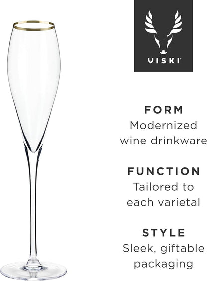 Viski Gold-Rimmed Crystal Champagne Flutes, Stemmed Wine Martini Glass Set, Housewarming Wedding Wine Gift - Set of 2,