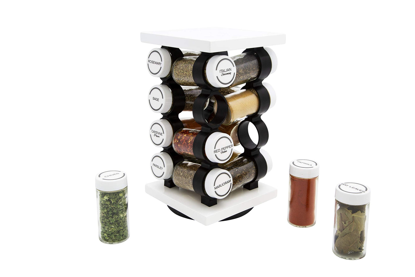 Orii 16 Jar Rotating White Spice Rack with Spices Included & 5-Year Spice Refill Program – Compact Countertop Spice Rack with Glass Jars