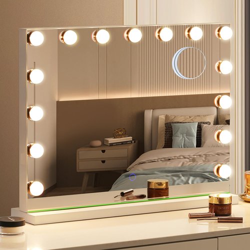 Amifiy Hollywood Vanity Mirror with Lights, 23"x18" Lighted Makeup Mirror with 10x Magnification for Desk/Wall Mount, 15 Led Bulbs, 3 Lighting Modes for College Dorm, Bedroom, Dressing Room (White)