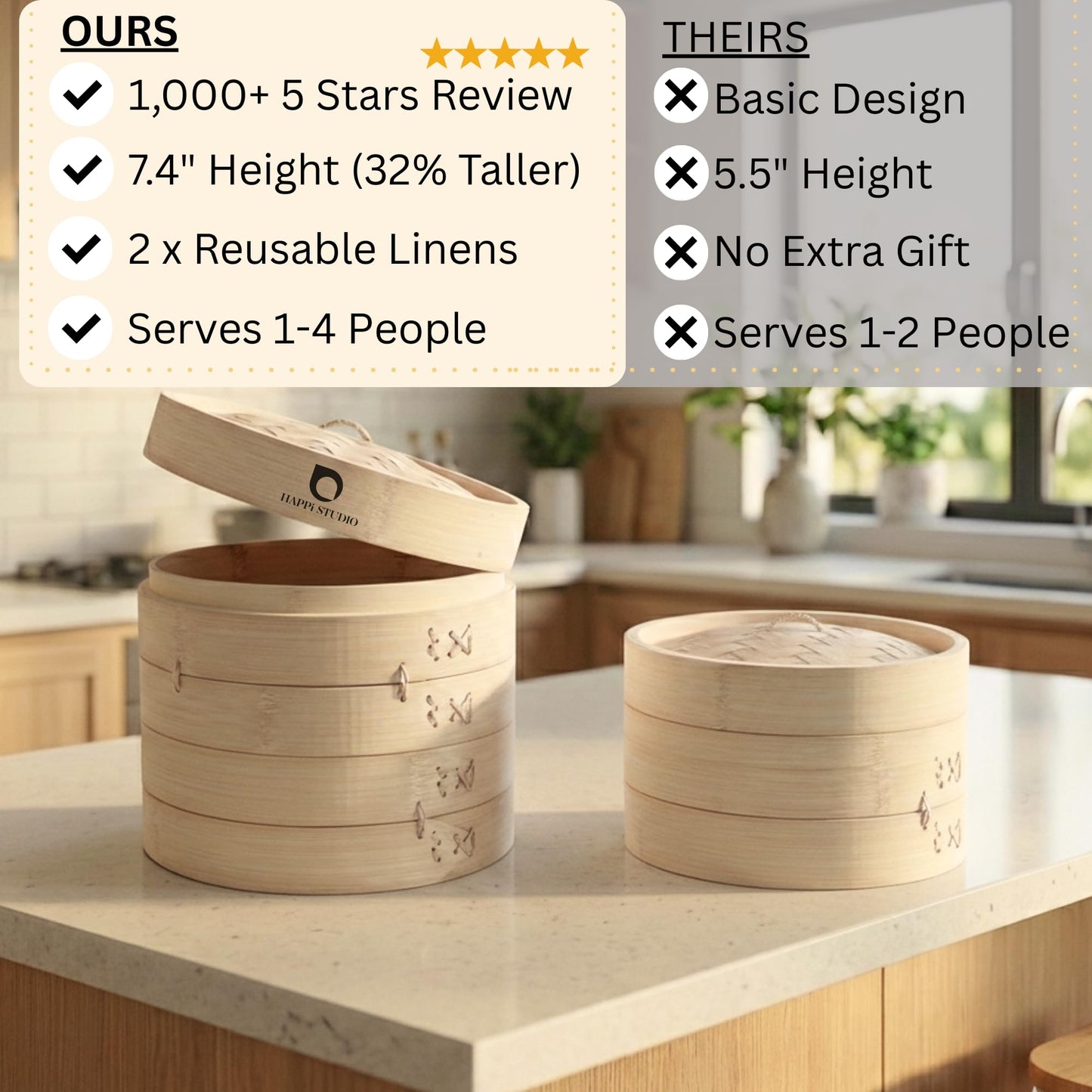 HAPPI STUDIO Bamboo Steamer Basket Set - 10 Inch Large Dumpling 2 Tier for Pots - Asian Cooking Dim Sum Bao Buns Momo Rice - Natural Chinese Steam Baskets Kit with Stainless Steel Ring (10-inch Extra Deep Bamboo Steamer w/ Ring)