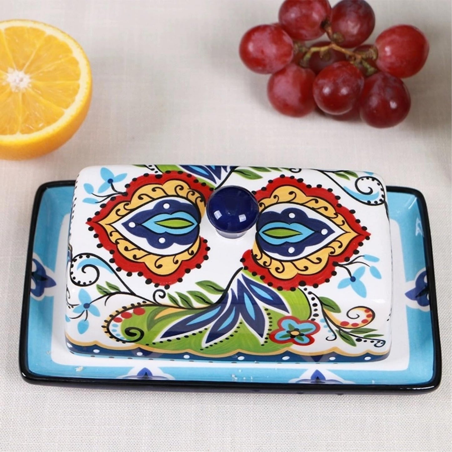 Ceramic Butter Dish with Lid Bohemia Hand Drawn Butter Plate Tray with Cover for Cheese Vintage Cheese Container Holder European-Style Butter Keeper for Home Kitchen 7.9 x 4.5 x 3.1 Inches (1)