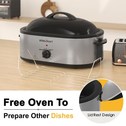 Royalcraft Roaster Oven with Self-Basting Lid, 18qt Electric Roaster with Removable Pan & Rack, Turkey Roaster Oven with Defrost & Warm Function, Stainless Steel, Silver