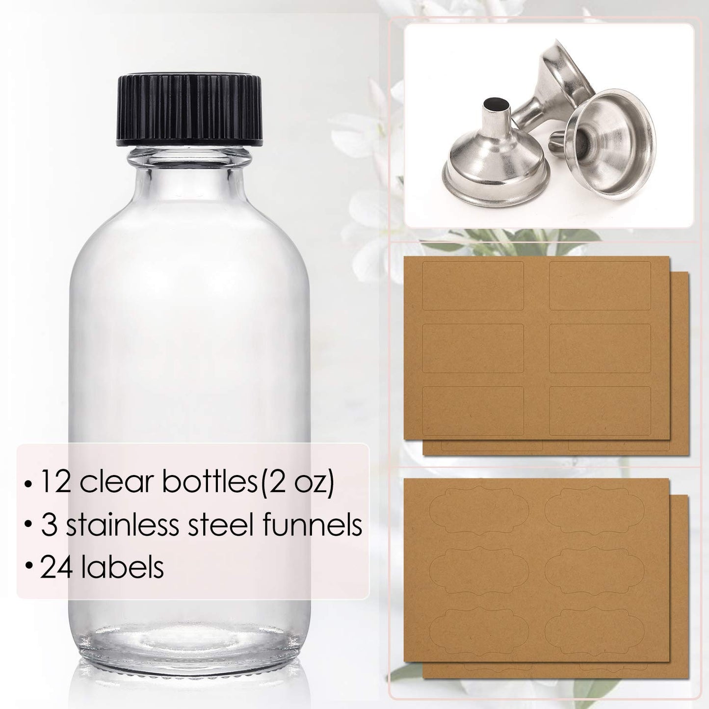 AOZITA 12 Pack, 2 oz Small Clear Glass Bottles w/Lid & 3 Funnels - 60ml Boston Shot Bottles for Health, Immunity, Potion, Wellness, Sample, Ginger, Juice - Mini Personal Care & Beauty Travel Bottle