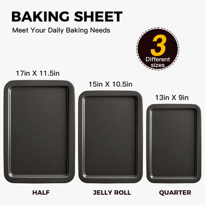 HONGBAKE Ceramic Baking Sheet Pan Set, Cookie Sheet for Oven, Bakeware Sets with Wider Grips, 3 Pack Half/Jelly Roll/Quarter Baking Tray, Premium, Dishwasher Safe - Dark Grey