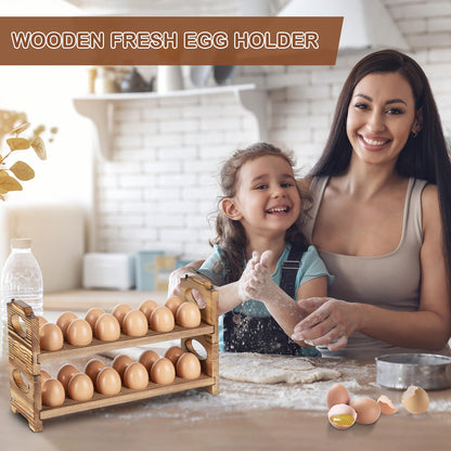 AOOHOOA Wooden Egg Holder Countertop, Stackable Wooden Egg Storage & Organizer, 2-Tier /24-Hole Farmhouse Eggs Rack Wood with Handle for Fresh Eggs to Store Chicken/Duck/Quail/Turkey/Easter Egg