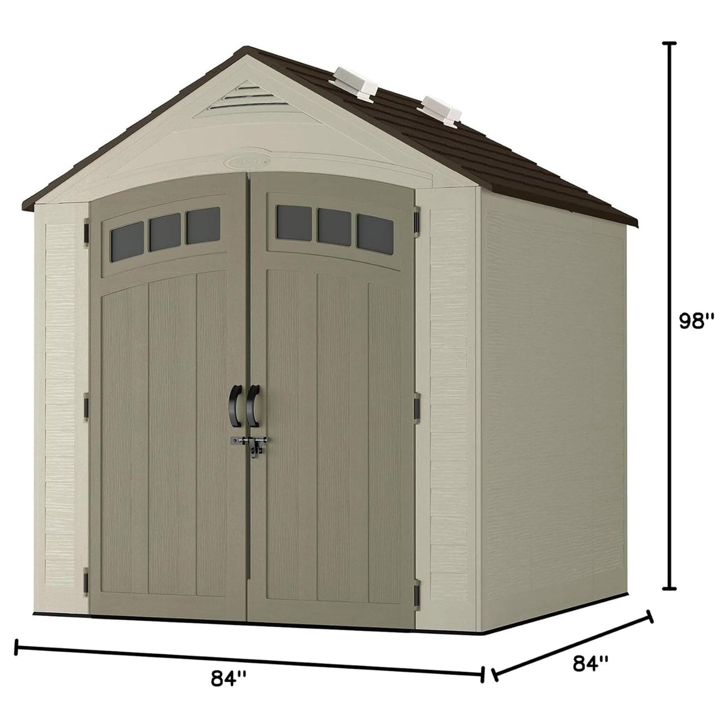 Suncast Vista 7x7 Storage Shed with Multi-Wall Resin Panels, 4 Skylights, IllumiVent System, and Pad-Lockable Doors, 84" D x 84" W x 98" H, Made in The USA