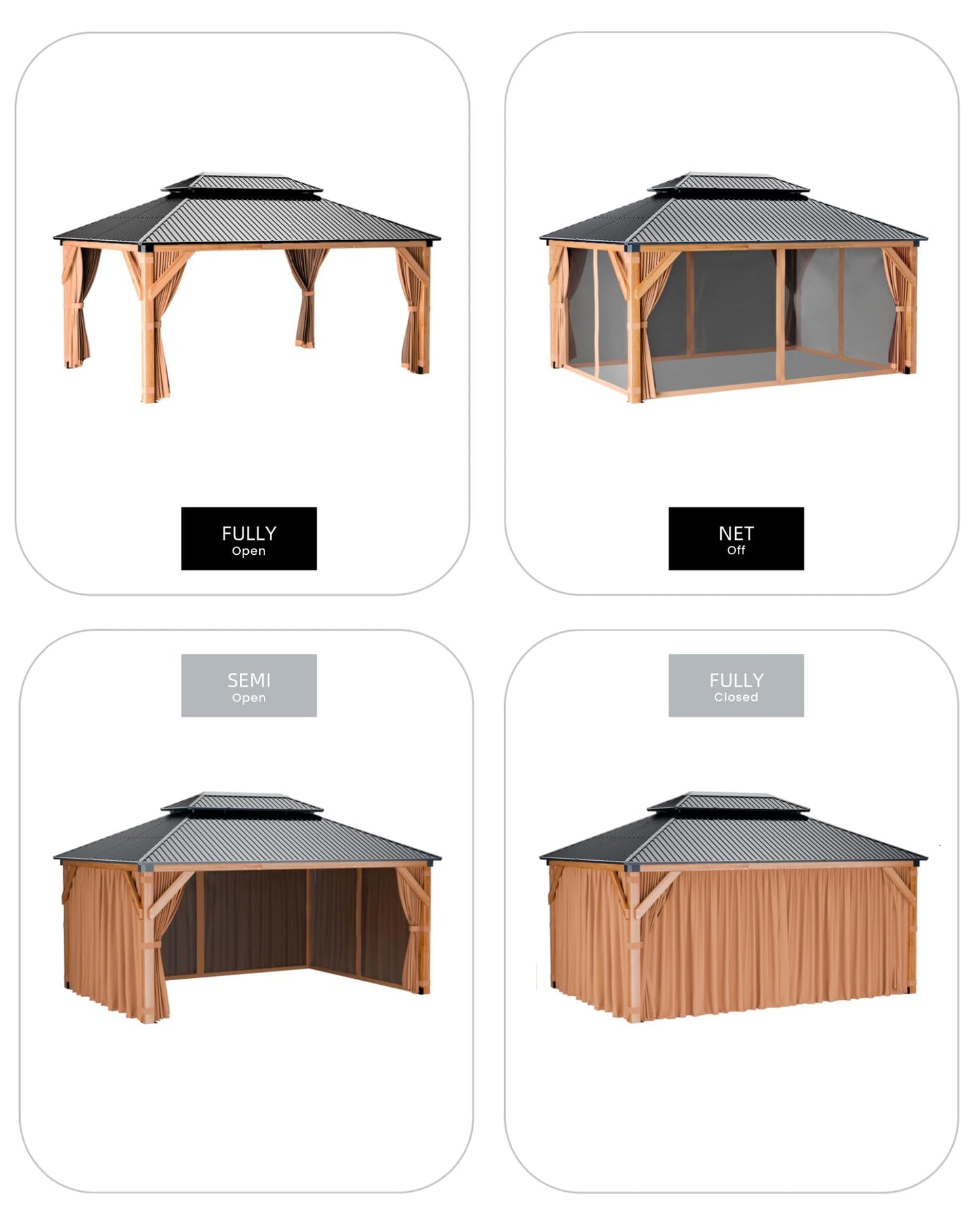 10'x12' Hardtop Wood Gazebo, Cedar Frame Outdoor Pavilion with Double Galvanized Steel Roof, Curtains and Netting Included, Ceiling Hook for Patio Backyard Deck Lawn Garden