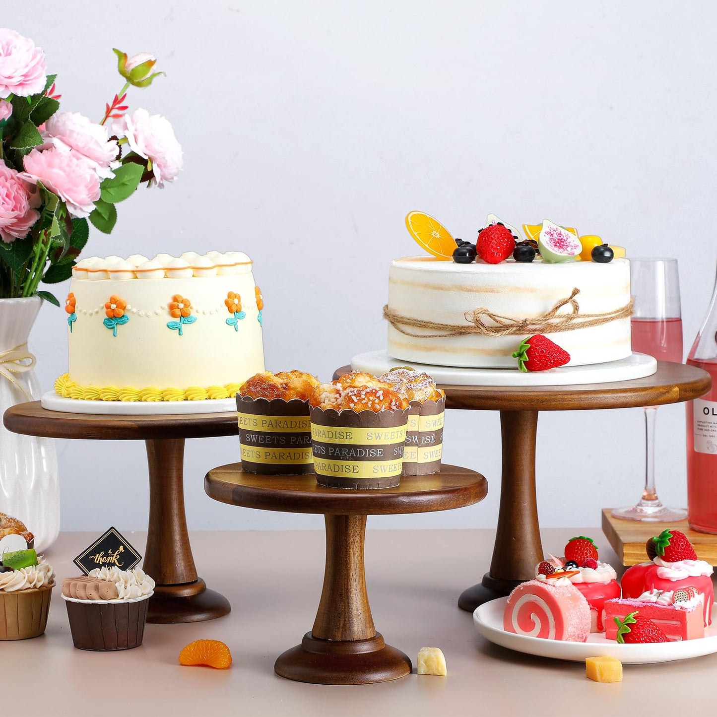 Umigy Set of 6 Rustic Cake Stand, 8" 10" 12" Acacia Wooden Farmhouse Cake Stands Heavy Duty Cupcake Stands, Round Dessert Table Display Set for Wedding Baby Shower Birthday Party Christmas Celebration