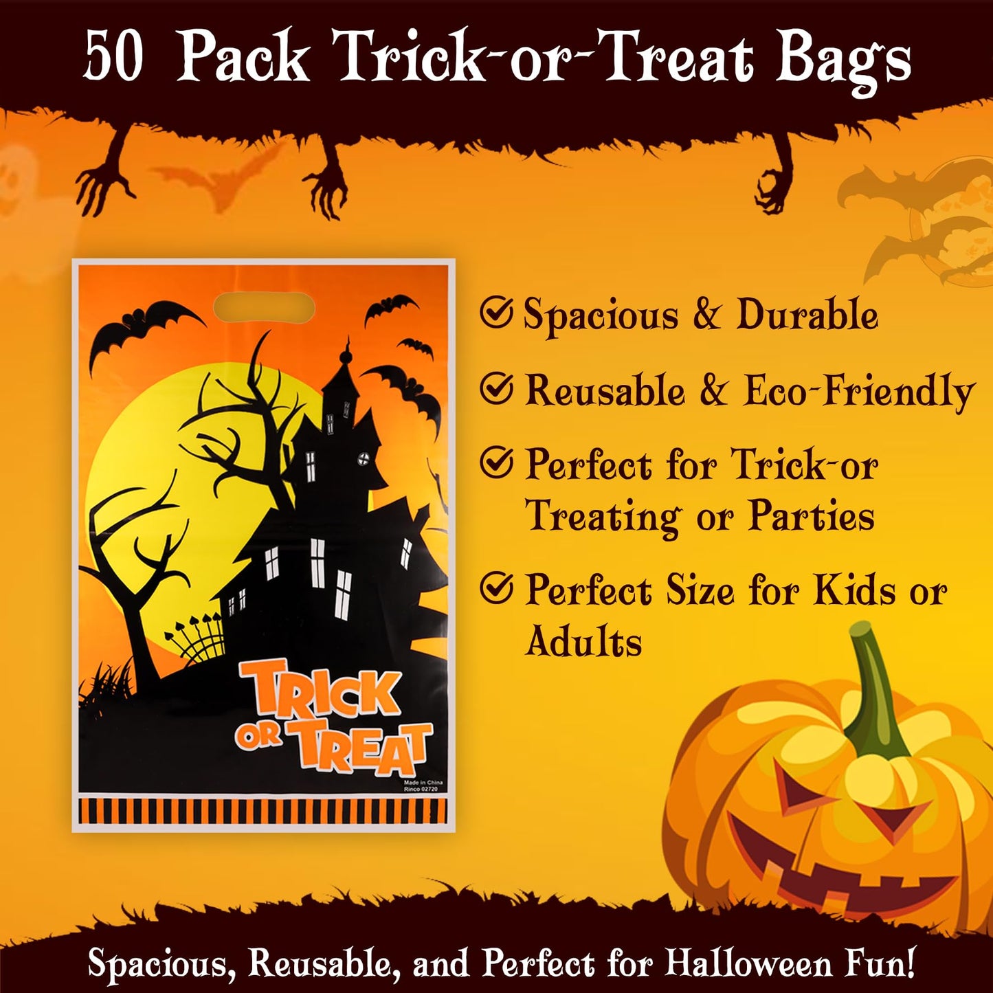 Srenta Halloween Bags - 50 Piece Set, 11x17 Inches, Plastic, Candy, Goody, Gift, Party Favor Supplies