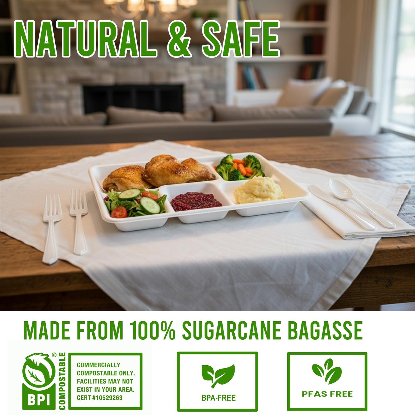BEIDOU-PAC 5 Compartment Compostable Heavy Duty Disposable Paper Plates, 300 Count | 10.3" X 8.3" | Natural Bagasse, White Biodegradable Eco-Friendly School Lunch, Buffet, Party Sugarcane Tray