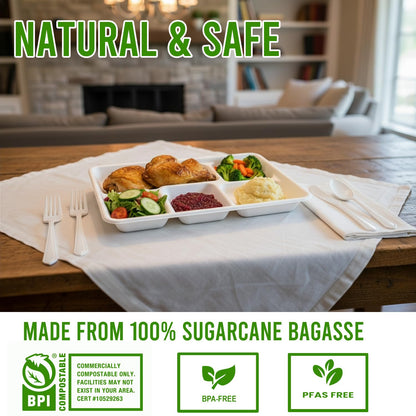 BEIDOU-PAC 5 Compartment Compostable Heavy Duty Disposable Paper Plates, 300 Count | 10.3" X 8.3" | Natural Bagasse, White Biodegradable Eco-Friendly School Lunch, Buffet, Party Sugarcane Tray