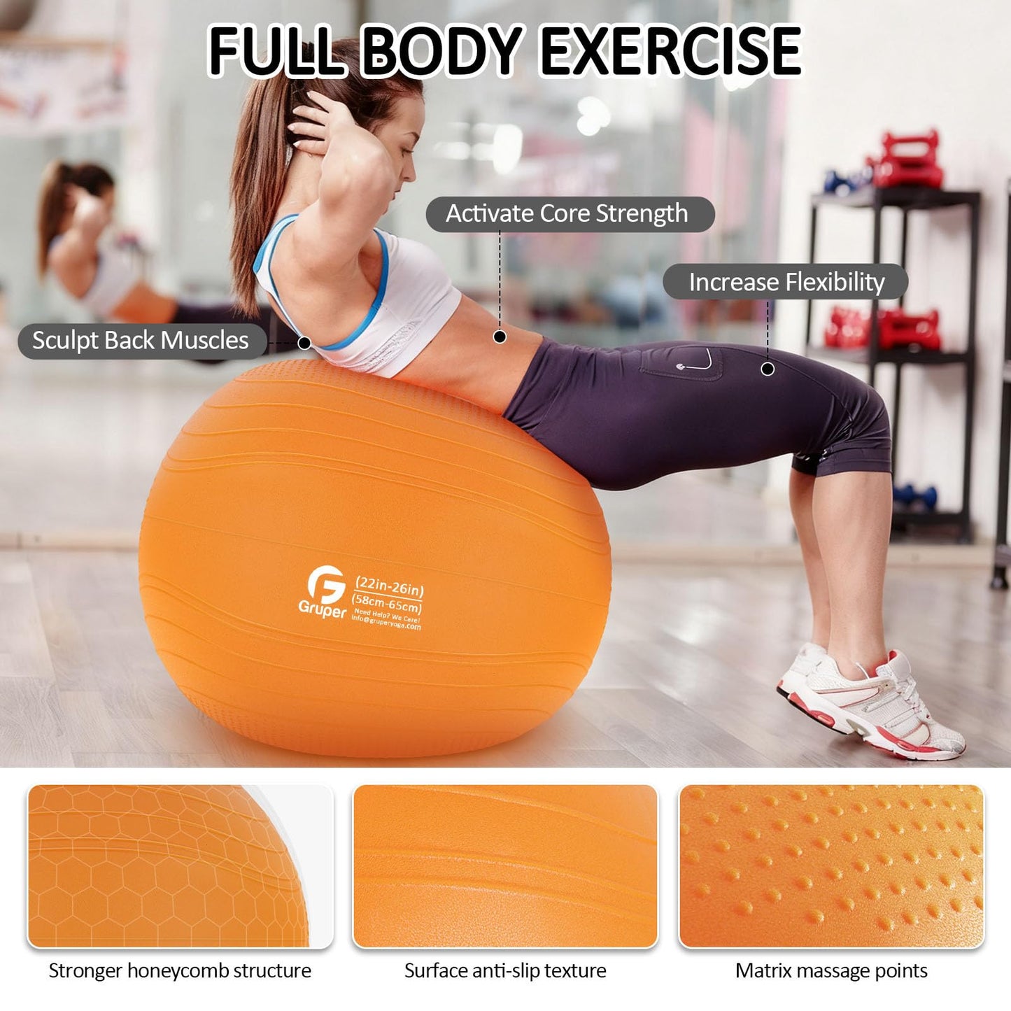 Gruper Yoga Ball, Multiple Sizes Non Slip Exercise Ball for Workout, Birthing, Balance, Stability, Pregnancy, 2200LB Capacity, Anti Burst Chair for Home and Office, Includes Quick Pump & Fitness Guide