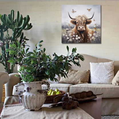 Enartly 14"x14" Highland Cow Bathroom Wall Art, Rustic Farmhouse Animal Canvas Print, Nature Flower Landscape Decor