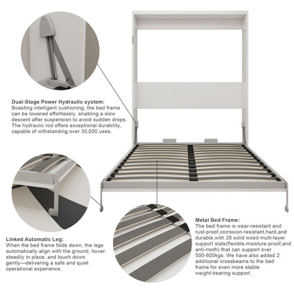 KEIKI Queen Size Vertical Cabinet Murphy Bed with Automatic Leg, Multifunctional Foldable Hideaway Wall Metal Bed Frame with Slats, No Box Spring Needed, Easy Assembly, for Bedroom, Guest Room, White
