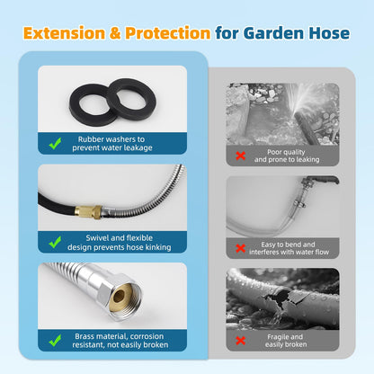 Hibbent All Metal Garden Hose Protector, Stainless Steel Flexible Hose Extension Adapter with 3/4" Female to Male Brass Connector, Anti-twist Hose Extender for Garden, Car Wash, Outdoor Faucet, Chrome
