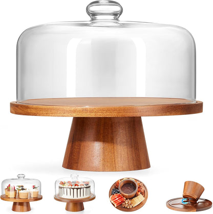 VIVIRBIEN Wooden Cake Stand with Lid, Acacia Cake Stand with Glass Dome, 11-Inch Versatile Dessert Stand with Strong Magnetic Pedestal, Cake Holder for Birthday/Kitchen/Party/Charcuterie