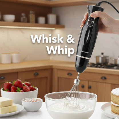 OVENTE Immersion Hand Blender Set, 300W Electric Handheld Stick Mixer, 2 Mixing Speeds with Stainless Steel Blades, Egg Whisk, Beaker & BPA-Free Food Chopper, Black HS565B