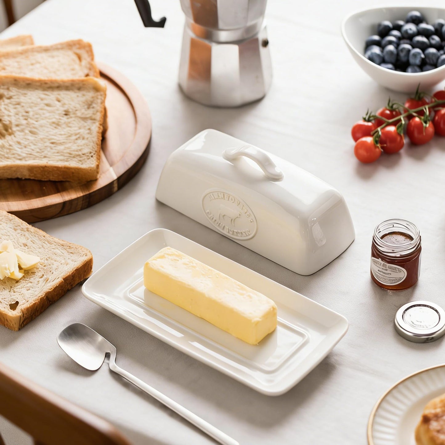 YHOJOY Cow Butter Dish, Ceramic Butter Dish with Lid for Countertop, White Butter Tray with Handle, Farmhouse Covered Butter Holder Container for East West Coast Butter Storage