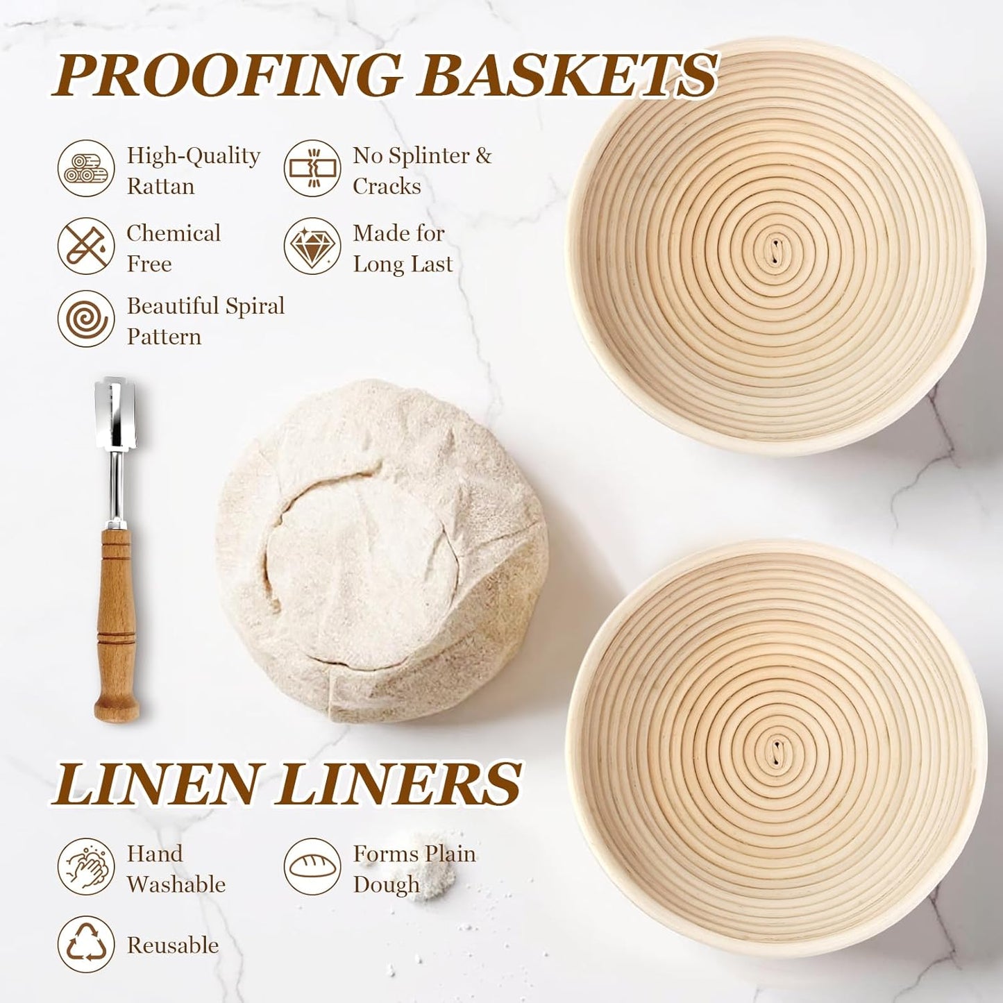 2 9 Inch 24 Oz Sourdough Bread Baking Supplies, Sourdough Starter Kit, Round Banneton Bread Proofing Basket with Glass