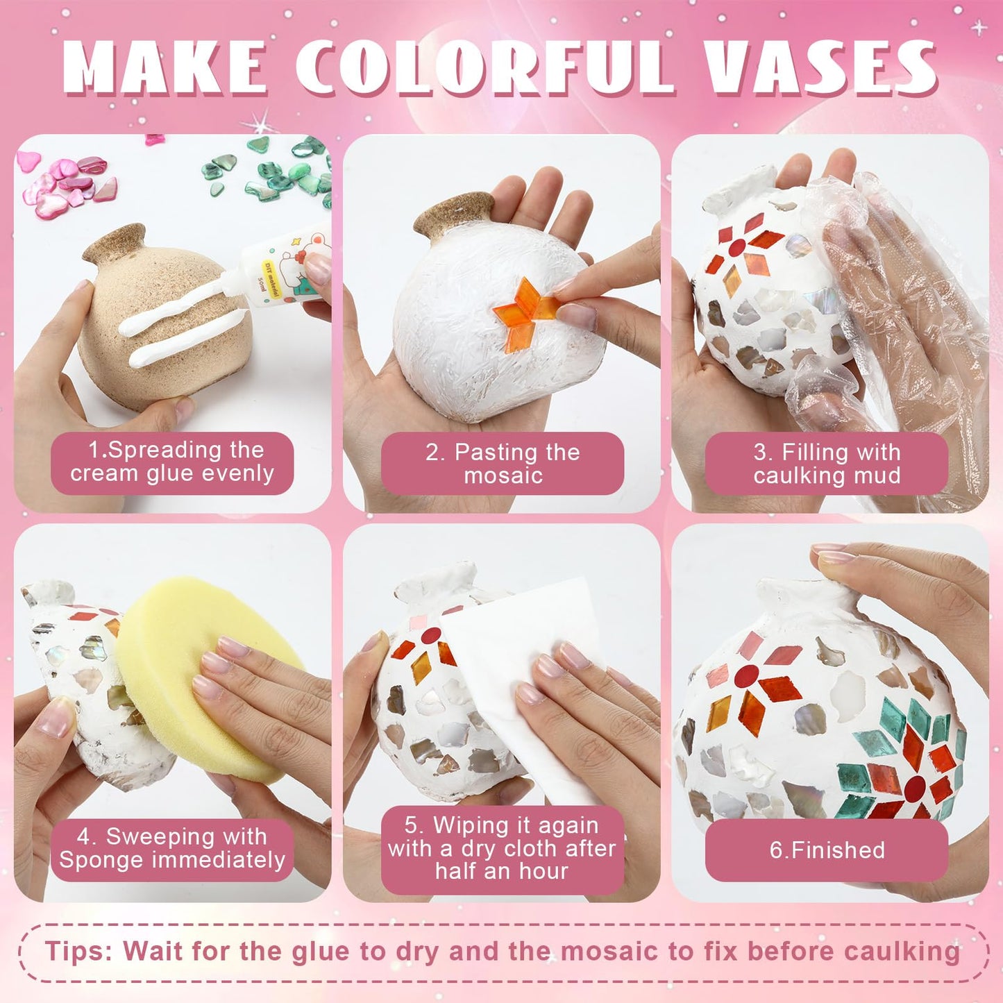 Fuyoooo 2 Sets DIY Vase Mosaic Painting Kit DIY Mosaic Arts and Craft Kits Tiles Crafts with Flower Accessories Creativity Handmade Artwork for Adults Gift Making Home Decoration(Vase Flower)