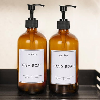 Baynlayn Amber Glass soap Dispenser with Anti-Rust Pump. Refillable Kitchen and Bathroom soap Dispenser for Dish soap, Hand sanitiser, Shampoo, Conditioner, Lotion, Shower Gel Conditioner 16 oz 2pack