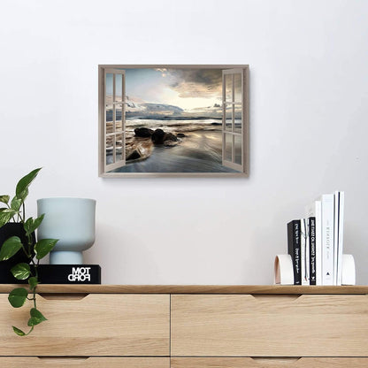 Fake Window Coastal Wall Art - Rocky Beach Artwork Canvas Painting for Bedroom Office Living Room Decor