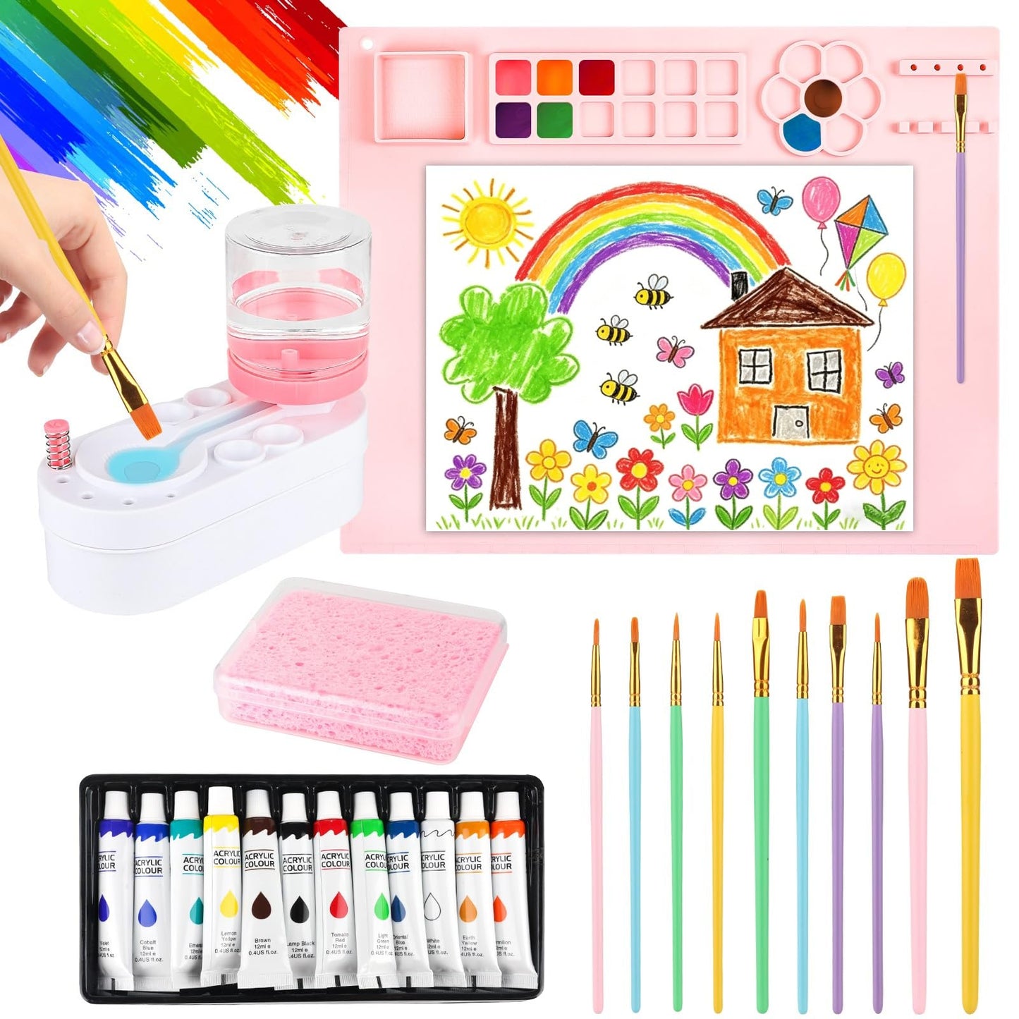 Painting Station, Including Paint Brush Cleaner, 20"×16" Silicone Painting Mat,12-Color Acrylic Paint, 10 Paint Brushes,1 Absorbent Sponge, DIY Painting Gift for Adult Artist Beginners