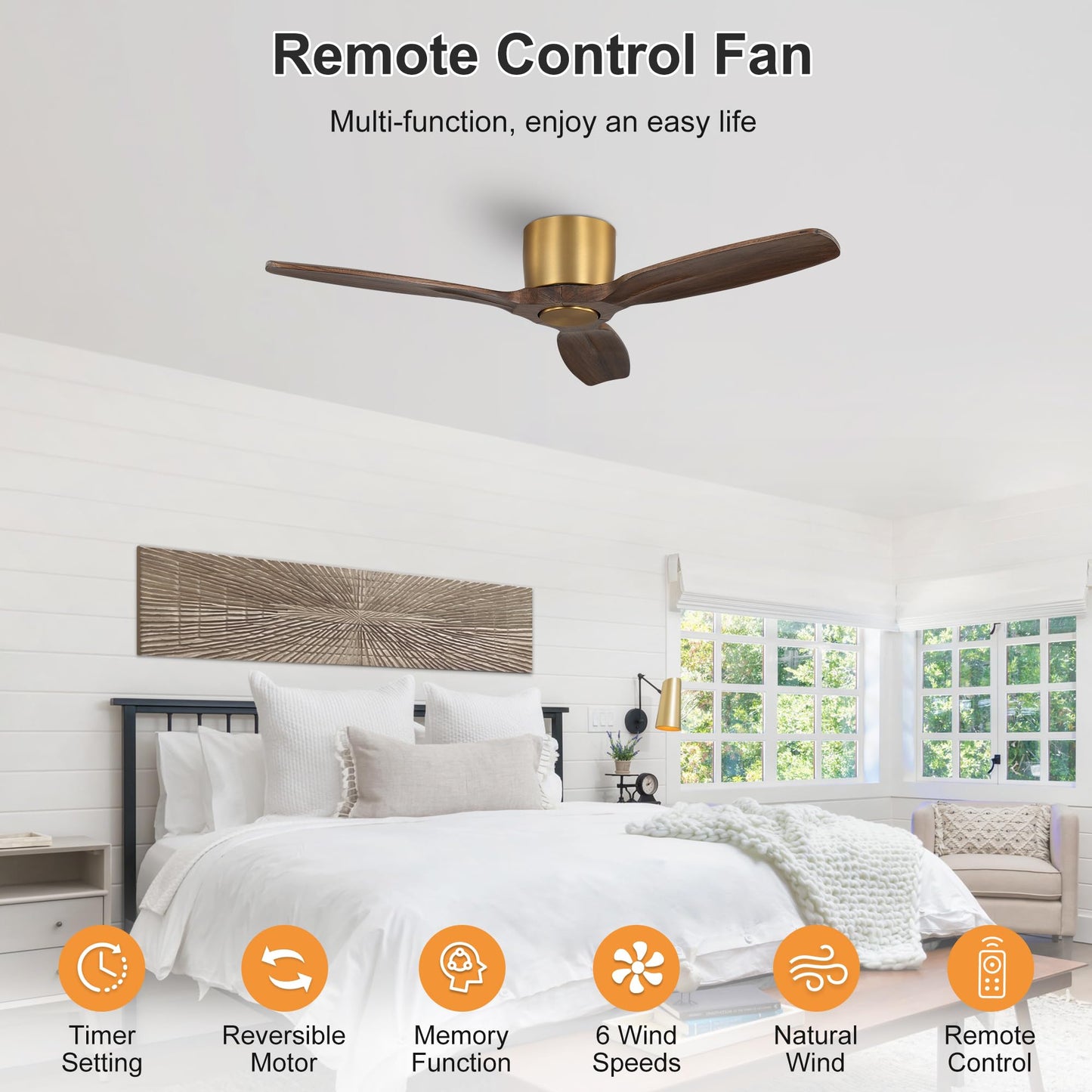 WINGBO 48" Flush Mount Ceiling Fan No Light - 3 Carved Solid Wood Blades, 6-Speed Reversible DC Motor, Dimmable, 3CCT, Low Profile Ceiling Fans without Lights for Bedroom Living Room, Gold and Walnut