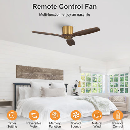 WINGBO 48" Flush Mount Ceiling Fan No Light - 3 Carved Solid Wood Blades, 6-Speed Reversible DC Motor, Dimmable, 3CCT, Low Profile Ceiling Fans without Lights for Bedroom Living Room, Gold and Walnut