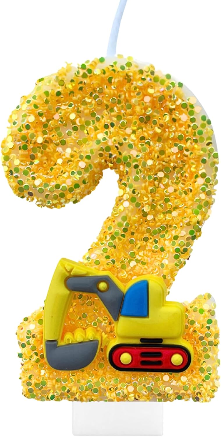 2 Construction Birthday Candles for Cake Decoration Yellow Glitter Number Candle Construction Cake Topper Construction