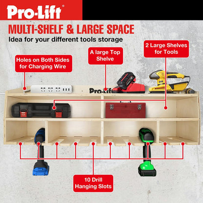 Pro Lift Cordless Drill Organizer – wall mount power tool storage rack, 10 hanging slots, wooden M-005W