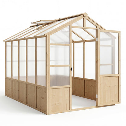 Wooden Greenhouse Kit with 4mm Polycarbonate Panels & 2 Adjustable Ventilation - Heavy Duty Wood Large Outdoor Greenhouse with Lockable Door for Garden, Backyard, Patio, Lawn Walk-in Green House